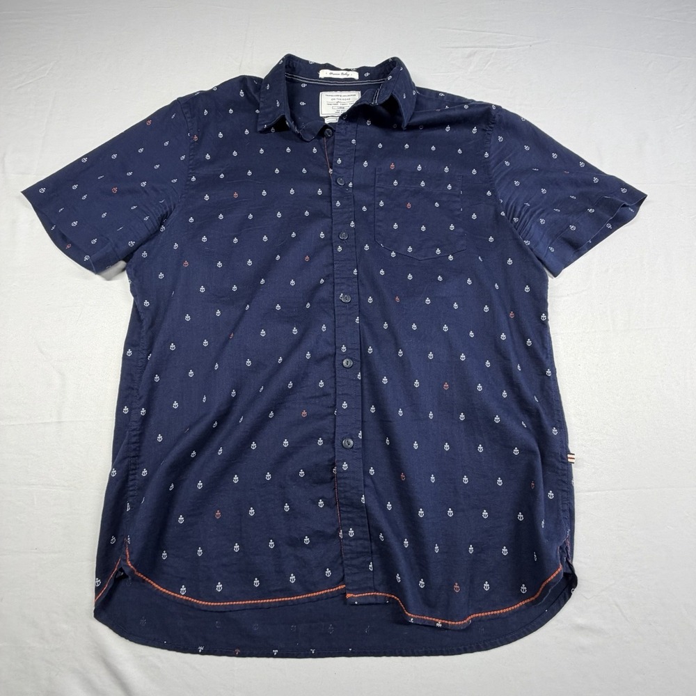 On The Road Short Sleeve Button Up Shirt Navy W/ Anchor Accents Slim Fit Large